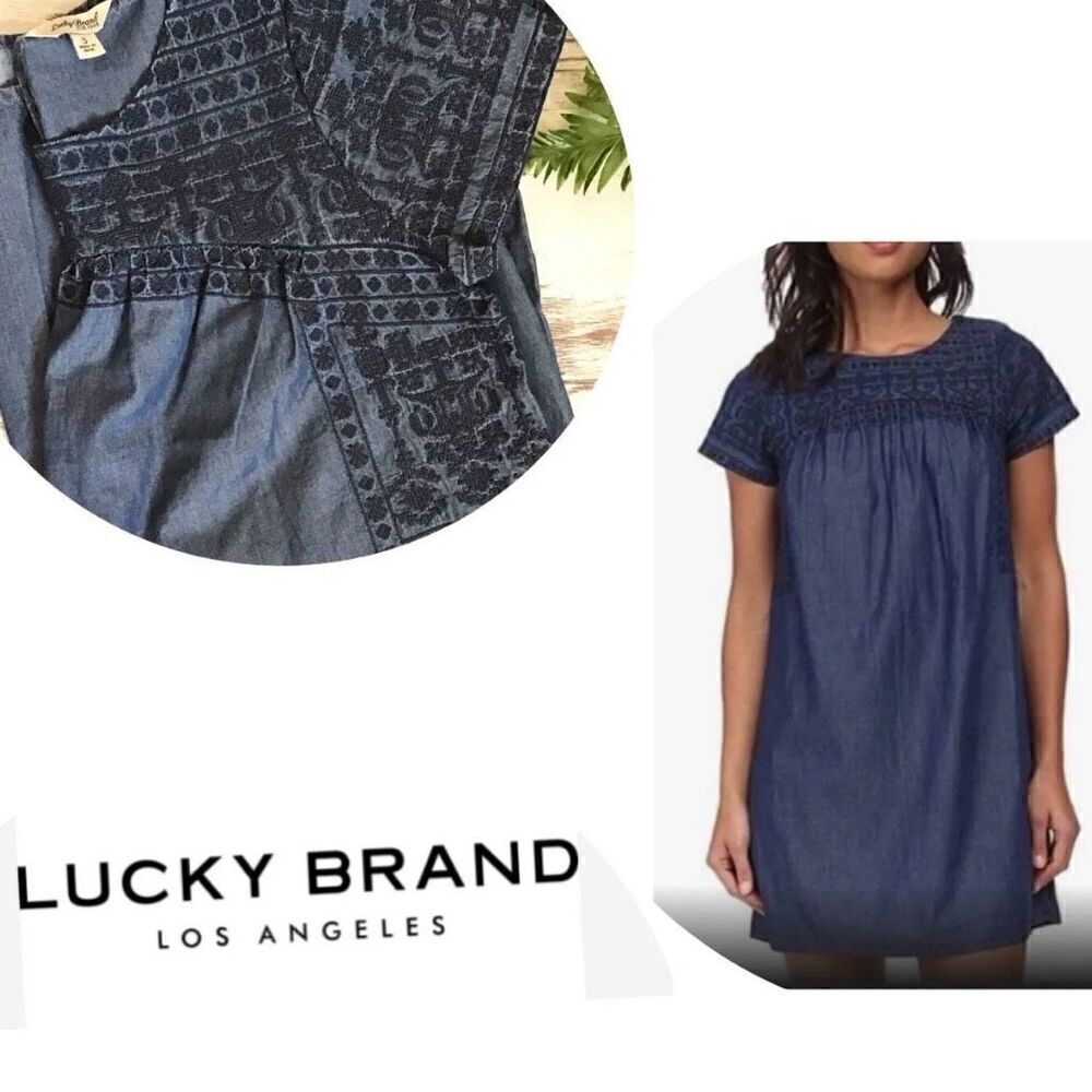 Lucky Brand Women's Blue Short Sleeve Embroidered Chambray Mini Dress Small EUC